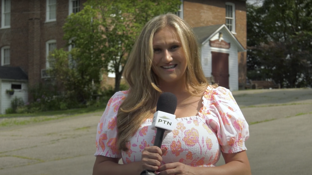Screenshot of Briana Strunk from Pocono Television Network in front of The Dutot